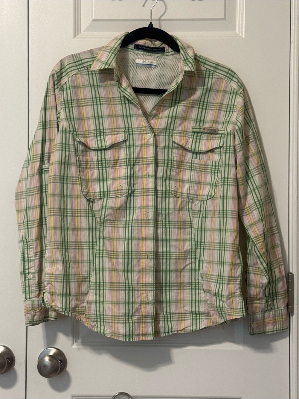 Columbia Pastel Plaid Button-Up Shirt in Green, Pink & Yellow
